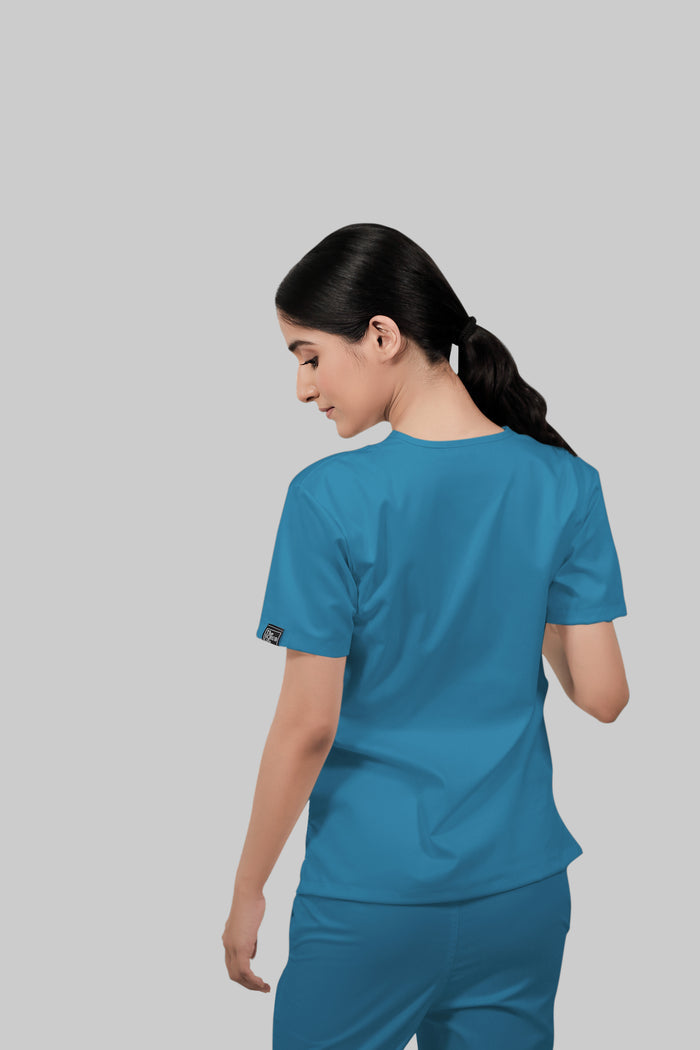 Stretchable (2Way) Women Peacock Blue V-Neck Scrub Top