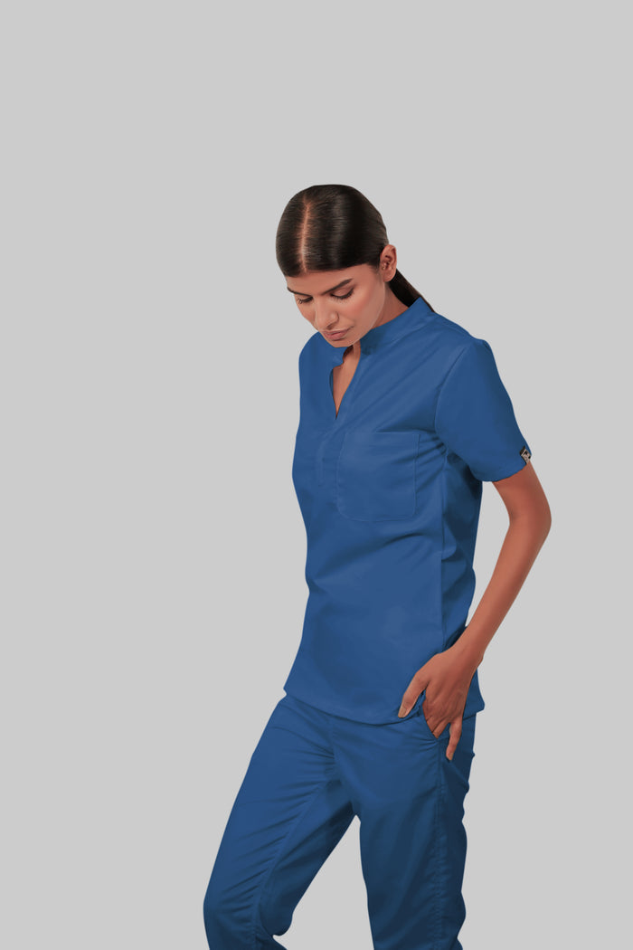 Stretchable (2Way) Women Steel Blue Mandarin Neck Scrub Top
