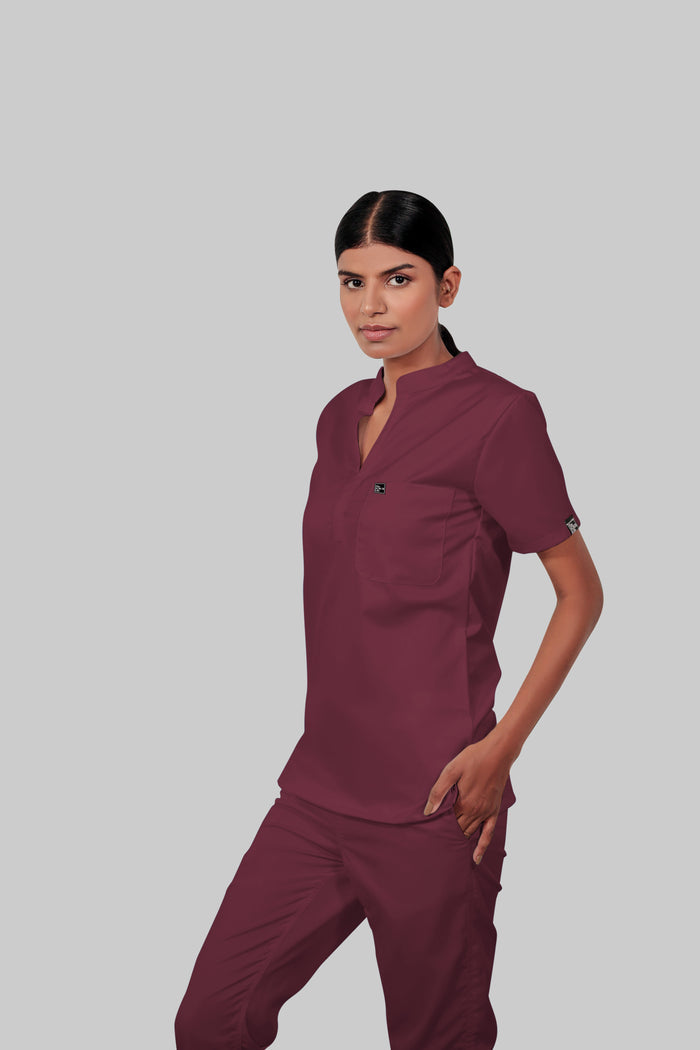 Stretchable (4Way) Women Burgundy Mandarin Neck Scrub Top