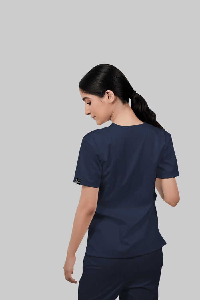 Stretchable (4Way) Women Navy Blue V-Neck Scrub Top