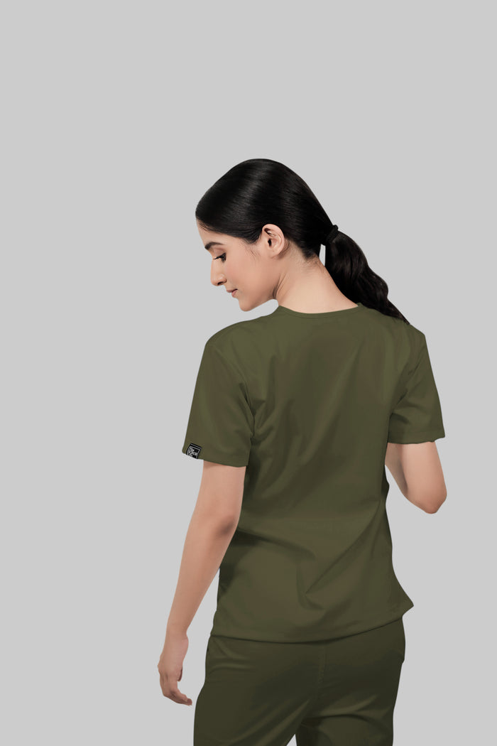 Stretchable (4Way) Women Olive Green V-Neck Scrub Top