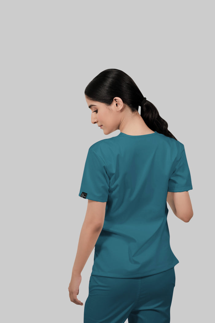 Stretchable (4Way) Women Peacock Blue V-Neck Scrub Top