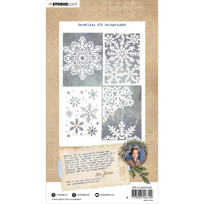 Studio Light - Jenine's Mindful Art 5.11"X7" - Stencil Nr. 240 - Snowflake ATC Backgrounds. Use with your favorite inks, embossing pastes, glitter pastes, texture pastes, paper glazes, paints, sprays, and other crafting mediums (sold separately). Available at Embellish Away located in Bowmanville Ontario Canada.