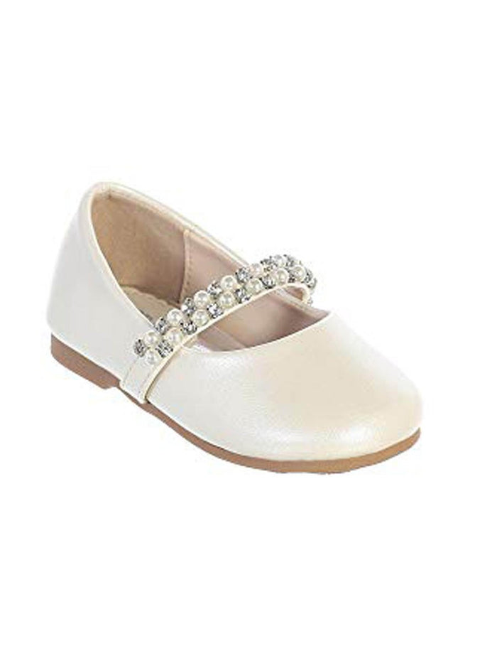 Tip Top Kids Leatherette Flats w/ Rhinestone & Pearl Strap-Ivory