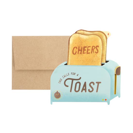 Pop-up toaster greeting card with toast graphic and โCheersโ headline
