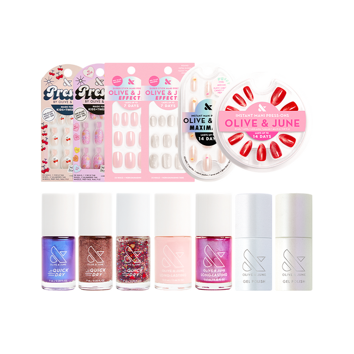 Valentine’s Day Set (Polish + Instant mani + Super Stick + Pressies) with diverse nail polishes and press-on nails for easy at-home manicure
