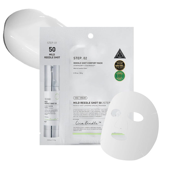 VT Cosmetics Reedle Shot 50 2Step Mask - ampulės ir raminamosios veido kaukės rinkinys