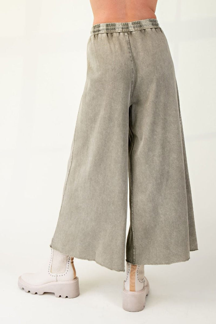Washed Terry Knit Wide Leg Pants - Ash Olive (S-3X)