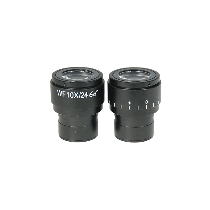 WF 10X Widefield Focusable Microscope Eyepieces, High Eyepoint, 30mm, FOV 24mm, Adjustable Diopter (Pair), SKU SZ27023222, three quarter front view