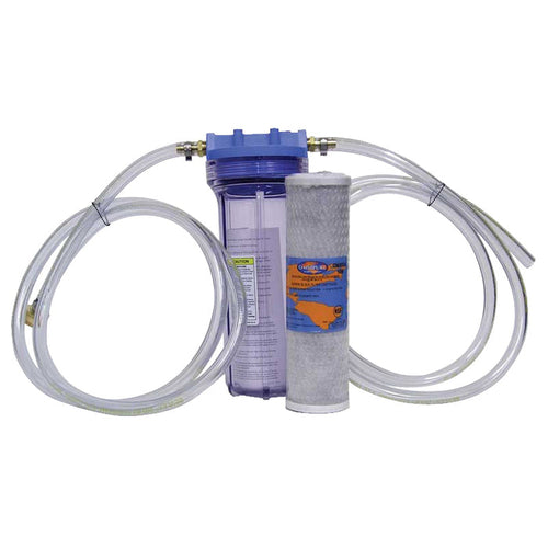 Water filter housing, vinyl tubing, garden hose attachment, and carbon block filter