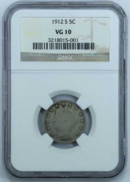 1912 S (San Francisco) Liberty Head V Nickel 5c - NGC VG10