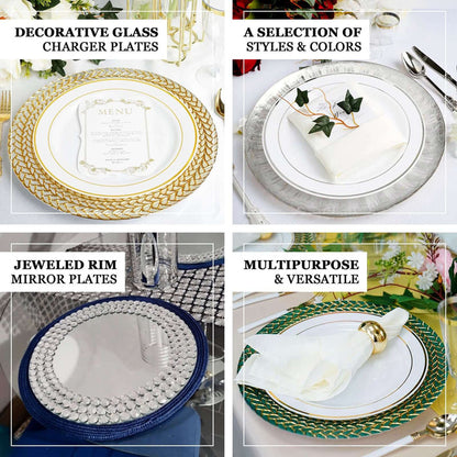 Decorative glass charger plates in various styles and colors for elegant dining.