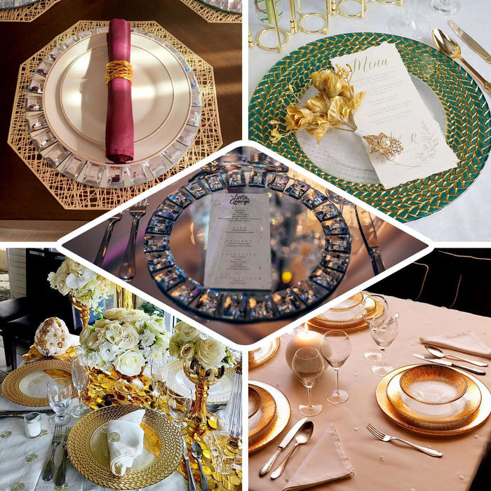 Elegant table settings with decorative plates, floral accents, and menus.