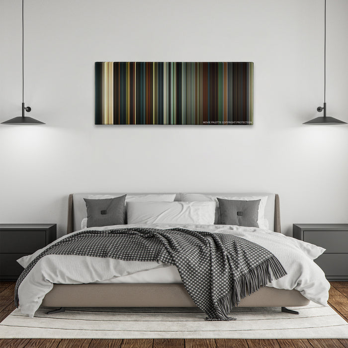 28 Days Later... color palette canvas above a bed, between two black pendant lamps