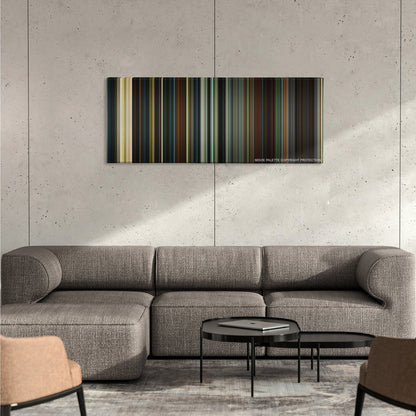 28 Days Later... color palette canvas on a concrete wall above a gray sectional sofa
