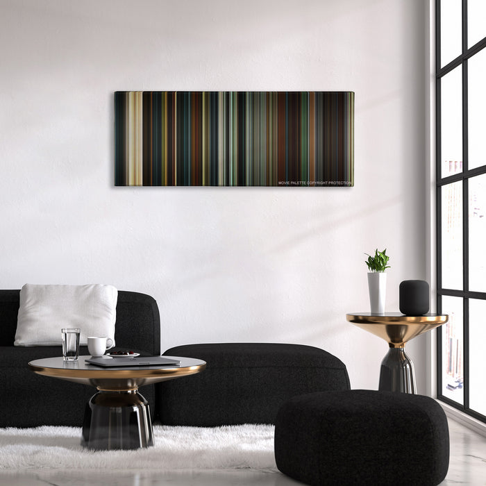 28 Days Later... color palette canvas above a black sofa with a gold-topped table