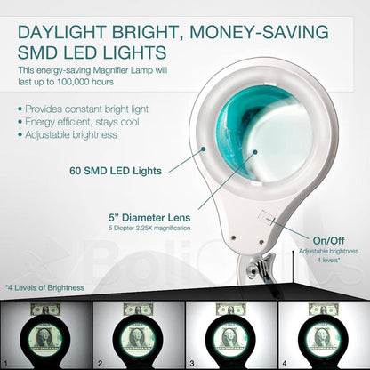 6 Diopter (2.5X) LED Magnifying Lamp with Clamp - 5-inch Glass Lens and Flip Cover