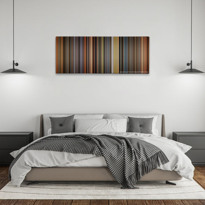 A Beautiful Mind color palette canvas above a bed, between two black pendant lamps