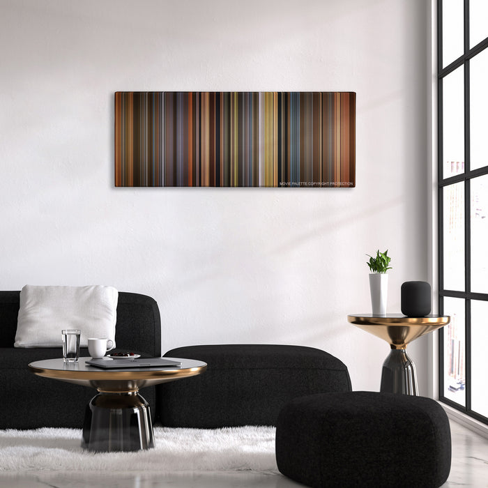 A Beautiful Mind color palette canvas above a black sofa with a gold-topped table