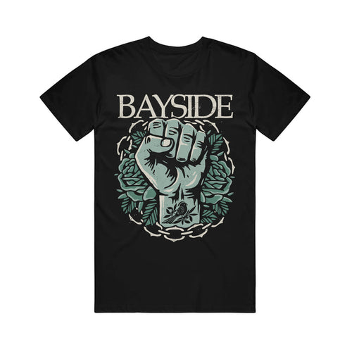 Printed on premium Gildan Hammer T-Shirts, this black Bayside tee features "BAYSIDE" above a bold blue-green fist with roses, barbed wire, and a small anchor tattoo for standout style.