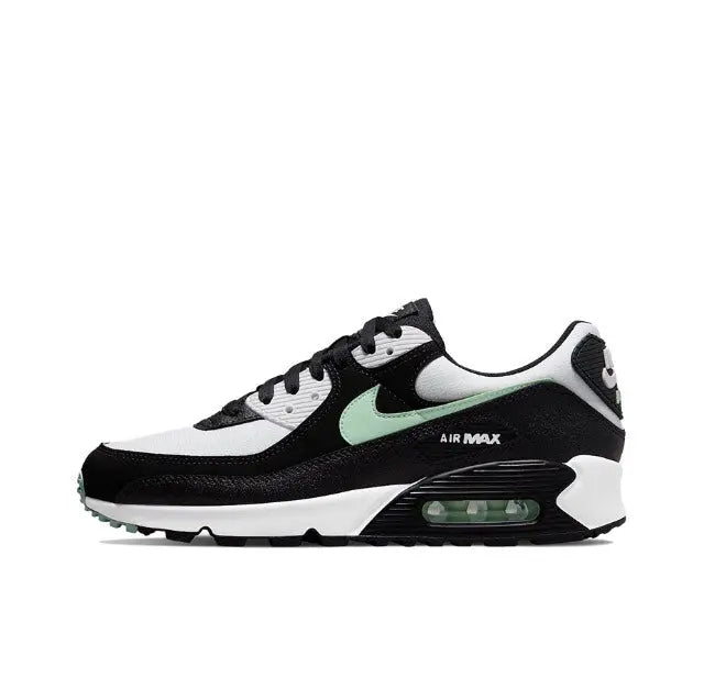Air Max 90 sneaker side view, white and black with mint swoosh and Air unit
