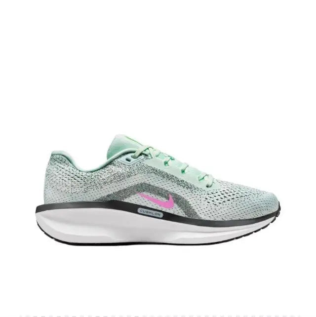 Light blue knit running shoe with mint collar, pink Swoosh, white sole.