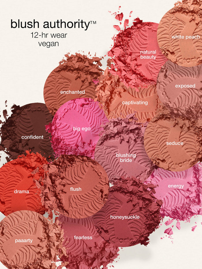 Blush powders in various colors, including shades like big ego, natural beauty, and paaarty, are scattered and labeled. Text reads: blush authority™ 12-hr wear vegan.
