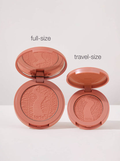 Two blush compacts, one open (full-size) and one closed (travel-size), display embossed patterns. The background is plain, and text reads full-size and travel-size above the respective compacts.