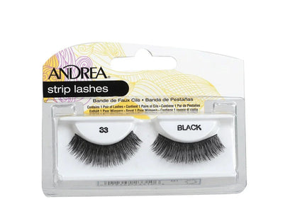 Pack of Andrea black strip lashes 33, natural volume, one pair in clear case.