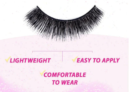 Black strip false eyelash with text highlighting lightweight, easy to apply, and comfortable features.