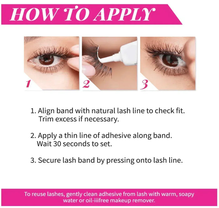 How to apply false eyelashes guide showing adhesive application and lash placement steps.