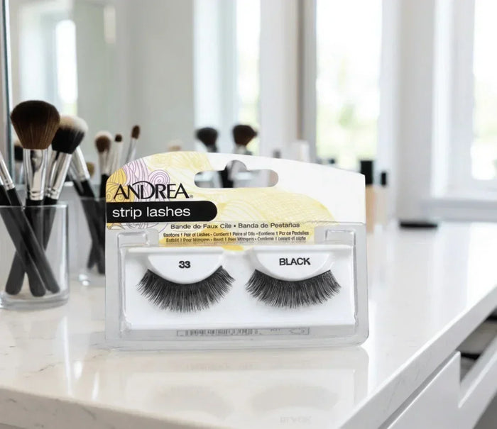 Andrea 33 black strip lashes full volume false eyelashes in packaging on vanity
