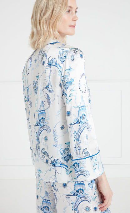 Aphrodite Long Sleeve Pyjama Top - White & Blue Euphoria