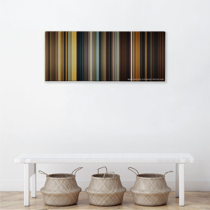 Apocalypse Now color palette canvas above a white bench with three woven baskets