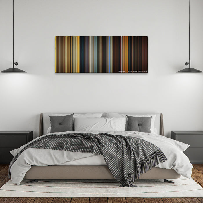 Apocalypse Now color palette canvas above a bed, between two black pendant lamps