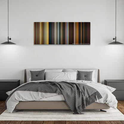 Apocalypse Now color palette canvas above a bed, between two black pendant lamps