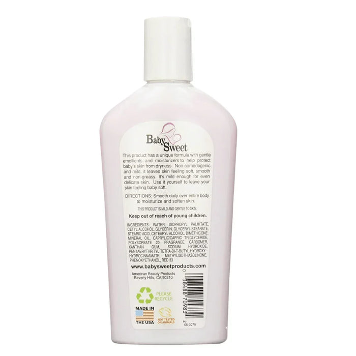 Back of Baby Sweet baby lotion bottle with ingredients and directions on label