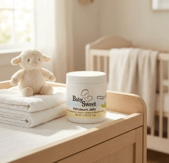 Baby Sweet petroleum jelly for newborns on changing table with plush lamb and baby blankets