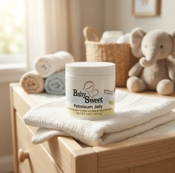 Baby Sweet petroleum jelly for newborns on changing table with towels and plush elephant