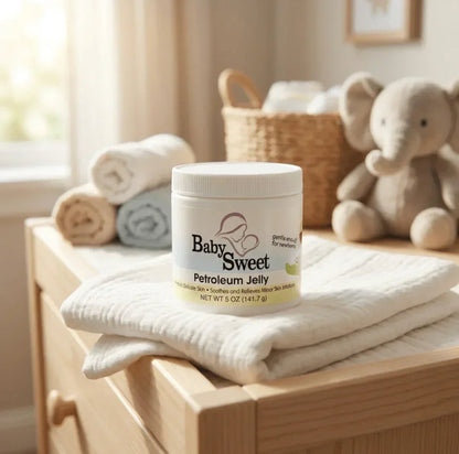 Baby Sweet petroleum jelly for newborns on changing table with towels and plush elephant