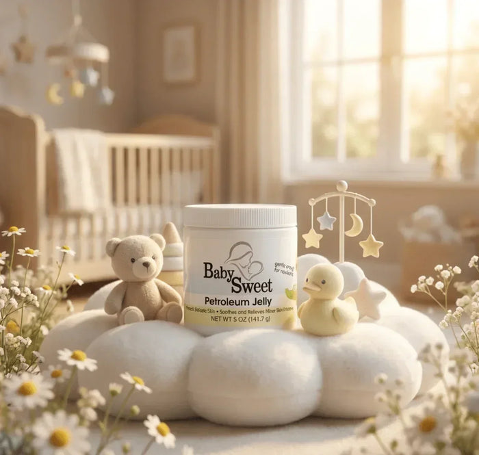 Baby Sweet petroleum jelly for newborn rash, 5 oz jar, in a soft, cozy nursery setting with plush toys and flowers.
