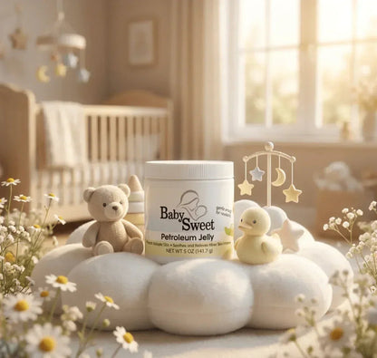 Baby Sweet petroleum jelly for newborn rash, 5 oz jar, in a soft, cozy nursery setting with plush toys and flowers.