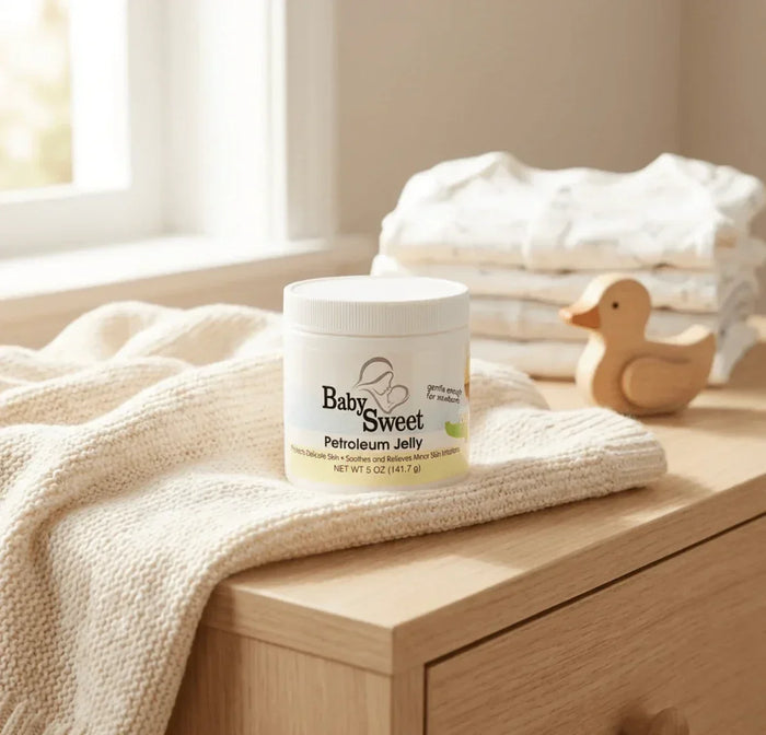 Baby Sweet petroleum jelly jar for newborn rash on a wooden table with a washcloth, diapers, and wooden duck