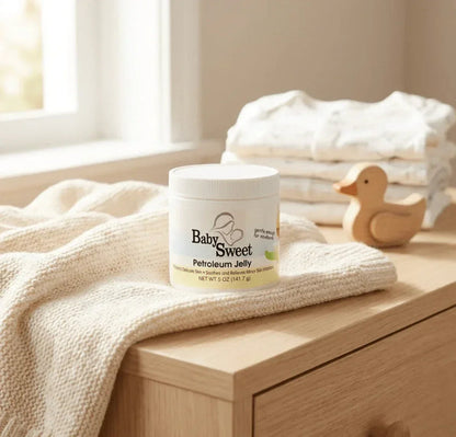 Baby Sweet petroleum jelly jar for newborn rash on a wooden table with a washcloth, diapers, and wooden duck
