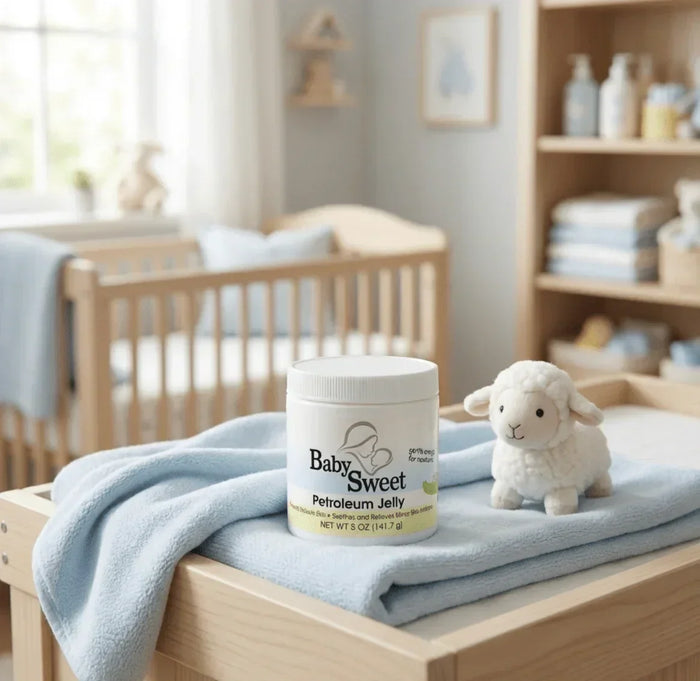 Baby Sweet petroleum jelly 5 oz for newborn rash on changing table with stuffed lamb in nursery