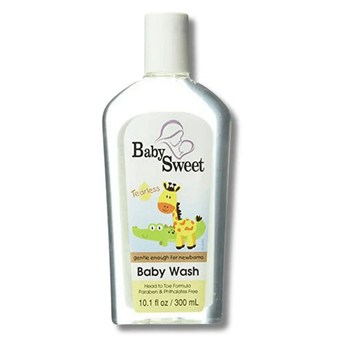 Baby Sweet tearless baby wash bottle, 10.1 fl oz, with giraffe and alligator illustration.