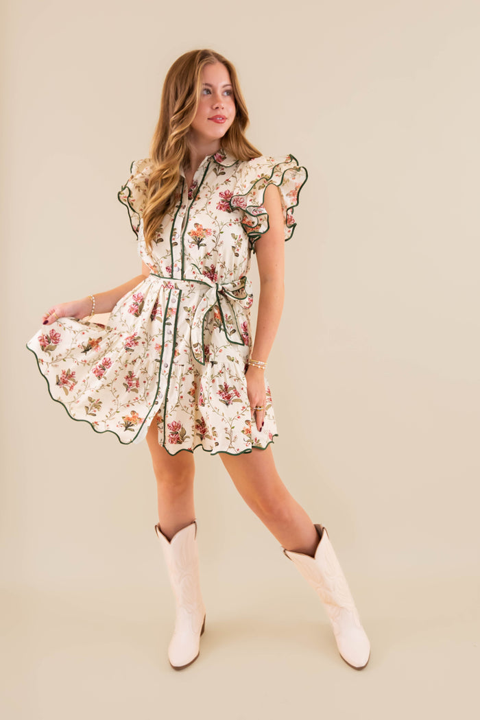 Beige Floral Dress- Women's Short Sleeve Floral Dres- Entro Floral Scalloped Dress