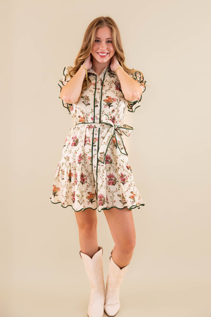 Beige Floral Dress- Women's Short Sleeve Floral Dres- Entro Floral Scalloped Dress