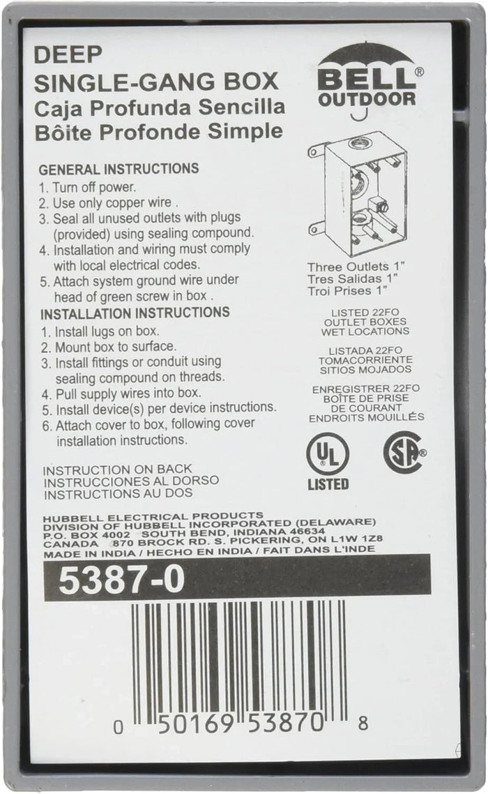 Bell Outdoor deep single-gang weatherproof electrical box packaging, model 5387-0, three 1-inch outlets