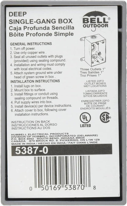 Bell Outdoor deep single-gang weatherproof electrical box packaging, model 5387-0, three 1-inch outlets